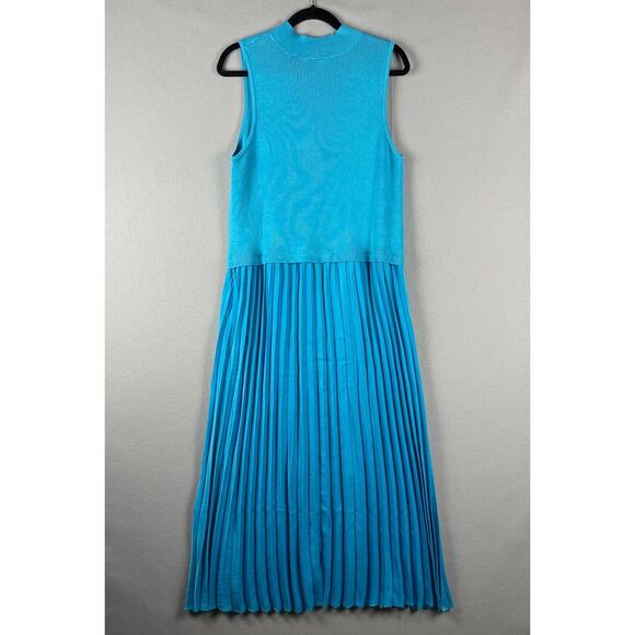 Avara Mixed Media Pleated Midi Dress Womens XL Blue Mock Neck Knit Satin Chic - Picture 10 of 15